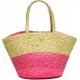 Straw Tote: Woven Wheat Straw Tote - 2 Tones - Pink - BG-R11053PK